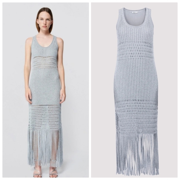 NEW SIMKHAI Jocelyn Open-Stitch Fringe Metallic Silver Midi Dress NWT Medium - Picture 3 of 12